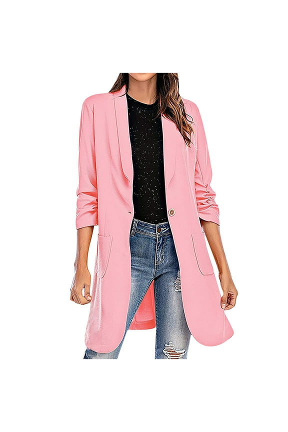 Mid-Lenth Blazer for Women Open Front Lapel Solid Color Long Sleeve Dressy Elegant Long Cardigan (Small, Pink)