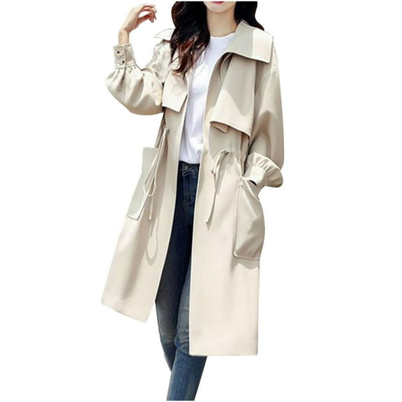 Jalioing Mid-Long Trench Coat Womens Open Front Lapel Cardigan Long Sleeve Drawstring Lightweight Overcoat