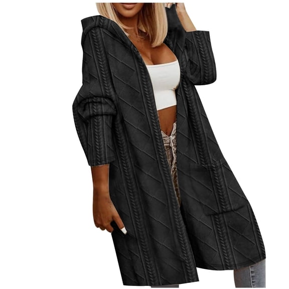 Jalioing Mid-Long Trench Coat for Women Hooded Open Front Solid Color Long Sleeve Ribbed Cardigan with Pocket (Medium, Black)
