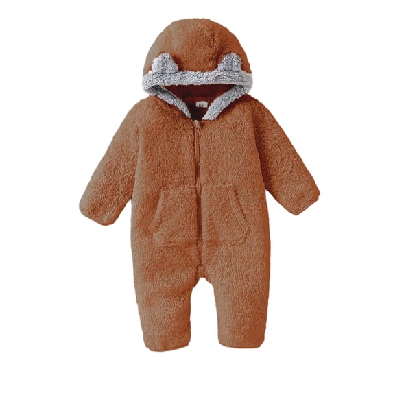 Jalioing Newborn Baby Fuzzy Snowsuit Cute Solid Color Long Sleeve Zipper Rompers Winter Thermal Fleece Jumpsuit