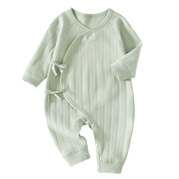 Jalioing Newborn Baby Jumpsuit Solid Color Long Sleeve Tie Side Cotton Rompers Fall Footless Bodysuit 0-6 Months