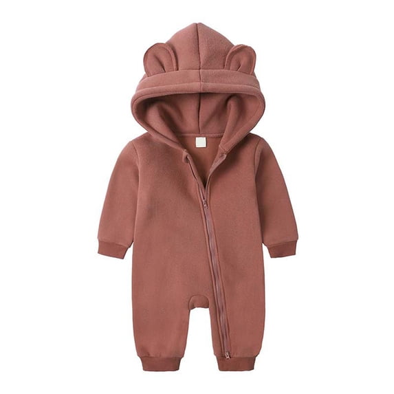 Jalioing Newborn Baby Rompers Cute Ear Hooded Long Sleeve Zipper Jumpsuit Thick Warm Plain Bodysuit for Infant