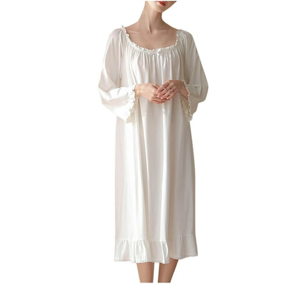 Jalioing Nightgown for Women Ruched Trim Crew Neck Long Sleeve Pajama Dress Loose Cotton Sleep Dress Loungewear