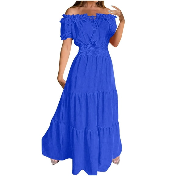 Jalioing Off Shoulder Ruffle Dress for Women Summer Short Sleeve Maxi Dresses Empire Waist Flowy Sundress