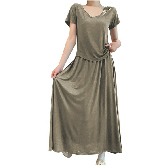 Jalioing Pajama Dress Set for Women 2 Piece Loungewear Outfits Short Sleeve Top with Flowy Maxi Skirt