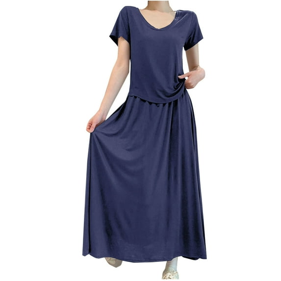 Jalioing Pajama Dress Set for Women 2 Piece Loungewear Outfits Short Sleeve Top with Flowy Maxi Skirt