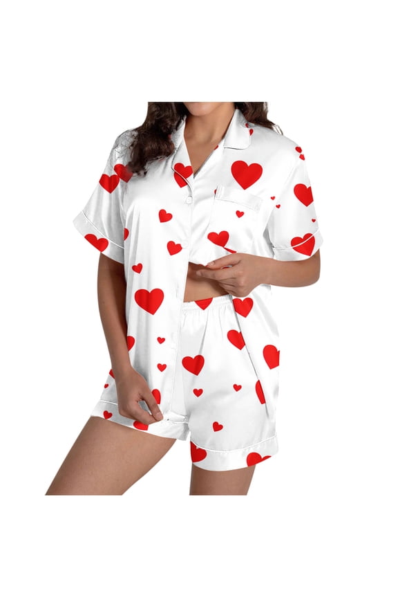 Pajama Set for Women 2 Piece Heart Print Short Sleeve Button Down Shirt and Pajama Shorts Set Comfy Loungewear Set