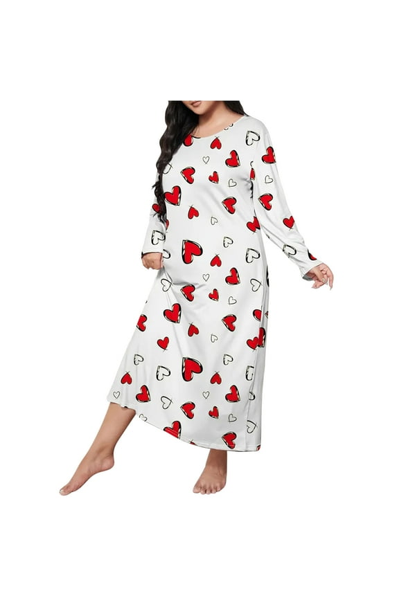 Pajamas Nightdress for Women Plus Size Pullover Nightgown Heart Printed Long Sleeve Sleepwear Dress (XX-Large, Red)