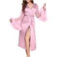 thumbnail image 1 of Jalioing Pajamas Sleep Robe for Women Fuzzy Trim Mesh Long Sleeved Bathrobe Solid Color Satin Sleepwear Robes (Small, Pink), 1 of 4