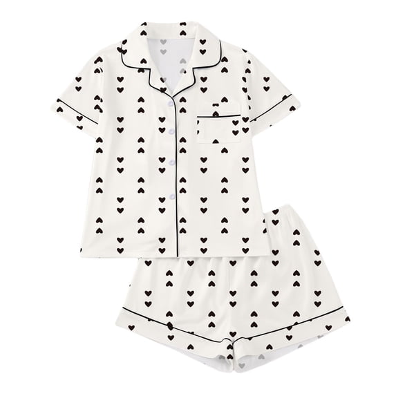 Jalioing Pajamas for Women 2 Piece Button Down Loungewear Set Heart Print Short Sleeve Shirt Shorts Pajama Set Sleepwear