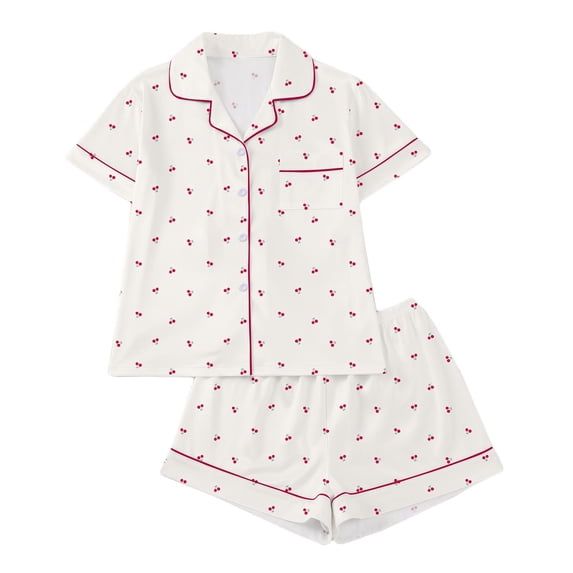 Jalioing Pajamas for Women 2 Piece Button Down Loungewear Set Heart Print Short Sleeve Shirt Shorts Pajama Set Sleepwear