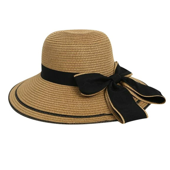 Jalioing Panama Hat for Women Fashion Wide Brim UV Protection Beach Foldable Bowtie Straw Sun Hat Vacation Headwear