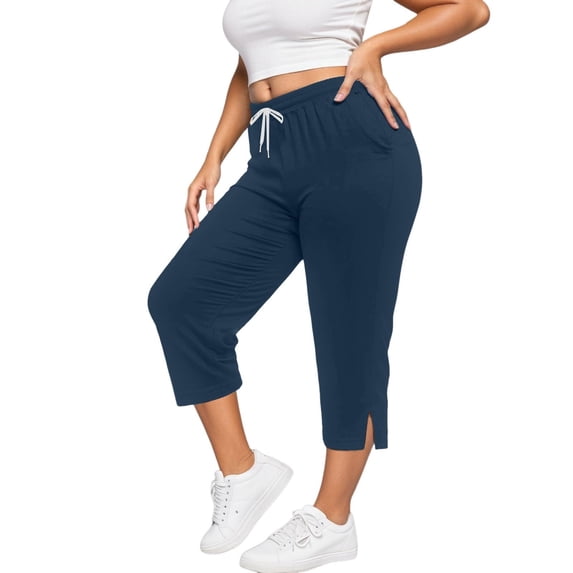 Jalioing Plus Size Capris for Women Elastic Waist Drawstring Crop Joggers Fashion Casual Side Slit Capri Pants with Pocket