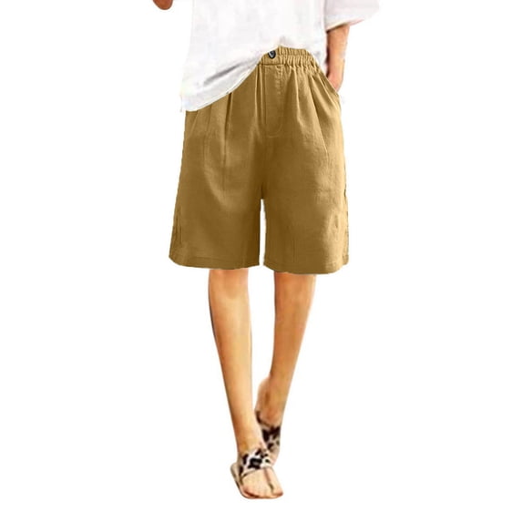 Jalioing Plus Size Knee Length Short Pant for Women Cotton Linen Shorts Solid Color Casual Half Trouser (Medium, Yellow)
