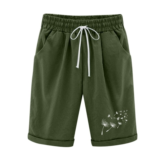 Jalioing Plus Size Knee Length Short Pant for Women Cotton Linen Shorts Solid Color Casual Half Trouser (X-Large, Army Green)