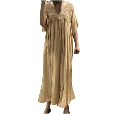 Jalioing Plus Size Linen Dress for Women 3/4 Sleeve Maxi Dresses 2024 Summer Casual Beach Flowy Dress