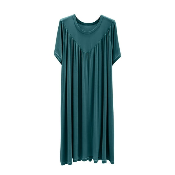 Jalioing Plus Size Long Nightgown for Women Short Sleeve Pleated Comfy Pajama Dress Ladies Crew Neck Sleep Dress