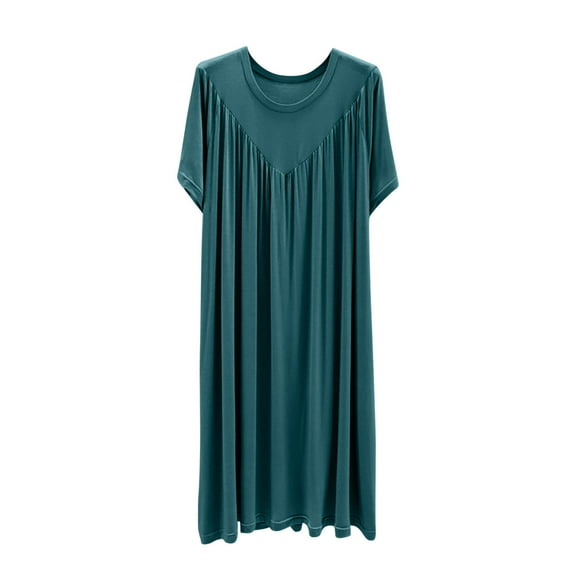 Jalioing Plus Size Long Nightgown for Women Short Sleeve Pleated Comfy Pajama Dress Ladies Crew Neck Sleep Dress