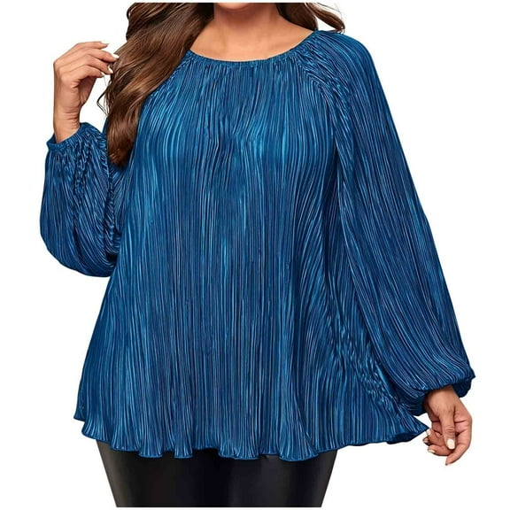 Jalioing Plus Size Shirts for Women Loose Long Sleeve Crew Neck Ruched Pullover Tops Fashion Casual Blouses