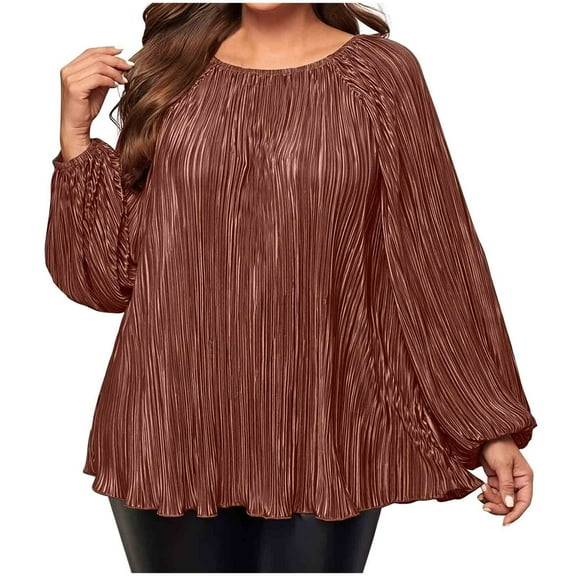 Jalioing Plus Size Shirts for Women Loose Long Sleeve Crew Neck Ruched Pullover Tops Fashion Casual Blouses