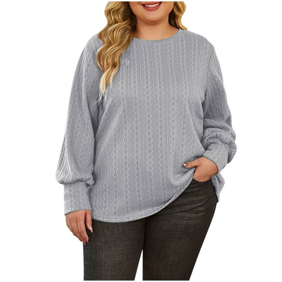 Jalioing Plus Size Shirts for Women Oversized Long Sleeve Crew Neck T Shirt Casual Fashion Texture Blouses