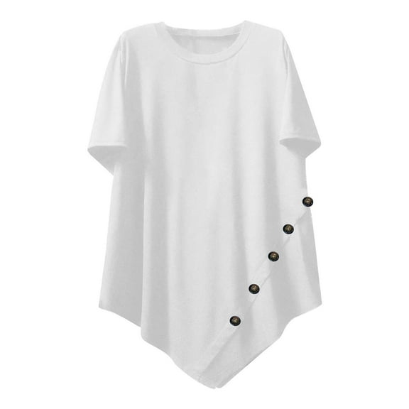 Jalioing Plus Size Short Sleeve Shirt for Women Solid Color Crew Neck Button Tops Fashion Irregular Casual Blouses