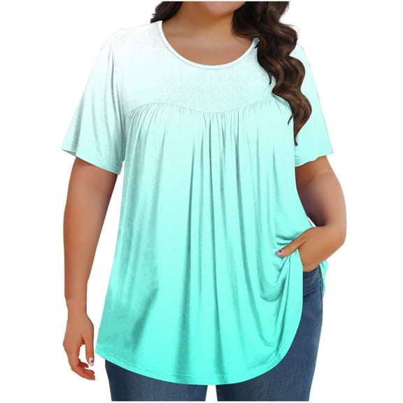 Jalioing Plus Size Short Sleeve Shirts for Women Crew Neck Pleated Gradient Casual Tops Flowy Loose Summer Tees