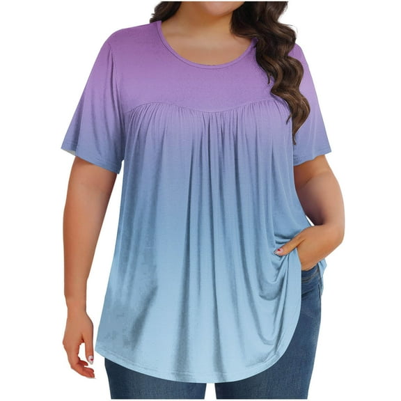 Jalioing Plus Size Short Sleeve Shirts for Women Crew Neck Pleated Gradient Casual Tops Flowy Loose Summer Tees