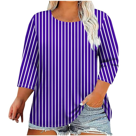 Jalioing Plus Size Striped Shirts for Women Crew Neck 3/4 Sleeve Loose Pullover Tee XL-5XL Casual Blouses