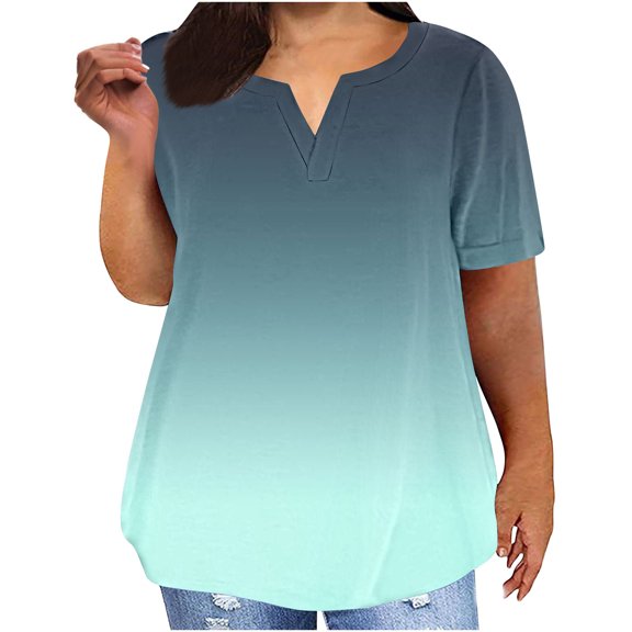 Jalioing Plus Size Summer Shirts for Women Oversized Casual Fashion V Neck Short Sleeve Blouses Gradient Tops