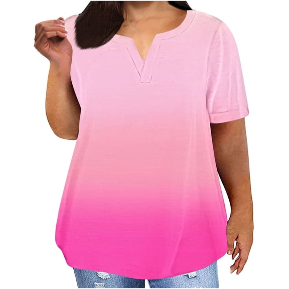 Jalioing Plus Size Summer Shirts for Women Oversized Casual Fashion V Neck Short Sleeve Blouses Gradient Tops
