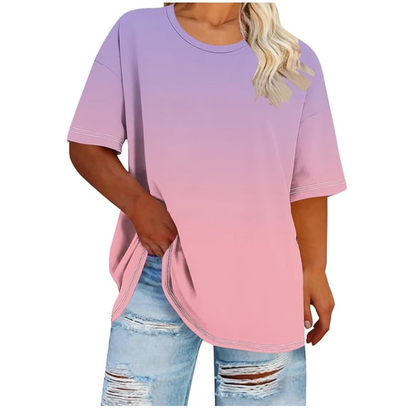Jalioing Plus Size T Shirt for Women Casual Loose Short Sleeve Round Neck Pullover Tee Fashion Gradient Summer Shirts Tops