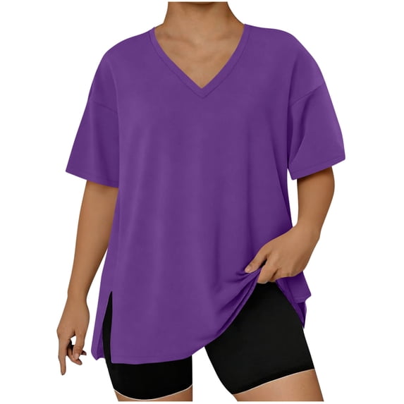 Jalioing Plus Size T Shirt for Women Fashion Basic Short Sleeve V Neck Side Slit Pullover Tee Oversized Summer Casual Tops
