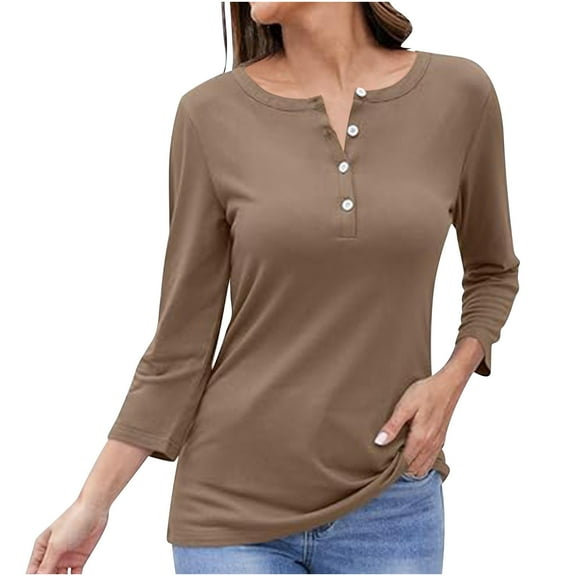 Jalioing Plus Size Top Womens Fall Winter Long Sleeve Shirt Button Casual Round Neck Tops