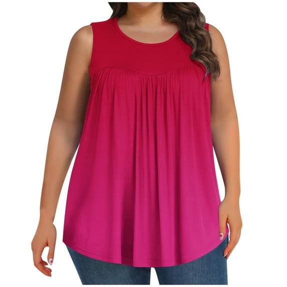 Jalioing Plus Size Tops for Women Loose Flowy Crew Neck Sleeveless Tank Tops Fashion Print Pleated Summer Shirts
