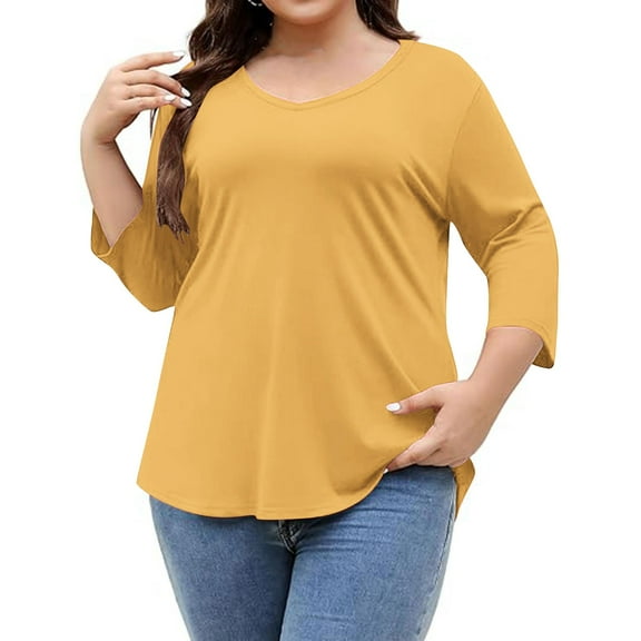 Jalioing Plus Size V Neck Casual Shirts for Women 3/4 Length Sleeve Basic Plain T Shirt Oversized Summer Tops