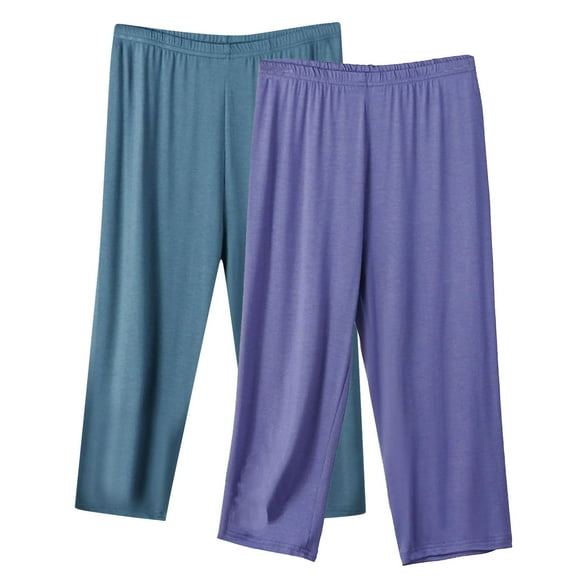 Jalioing Plus Size Women's Capris 2 Pack Solid Color Basic Capris Lightweight Elastic Waist Summer Casual Pants