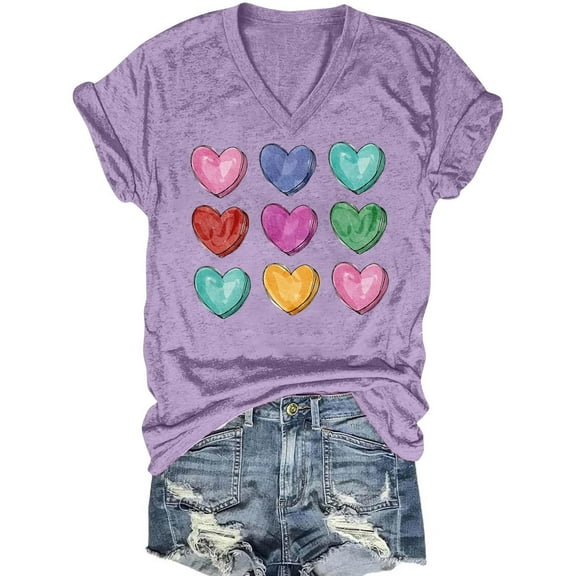 Jalioing Print T Shirt for Women Casual Short Sleeve V Neck Tee Shirt S-3XL Summer Fashion Basic Shirt Tops