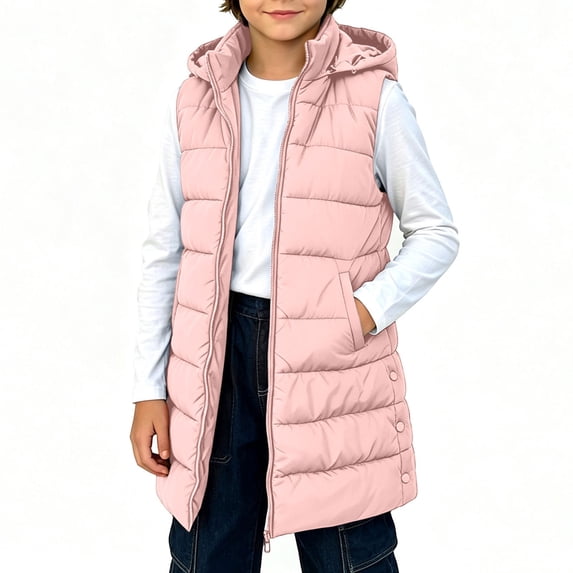 Jalioing Puffer Vest for Kids Lightweight Sleeveless Zip Up Hooded Long Jacket Casual Thermal Winter Outerwear with Pocket