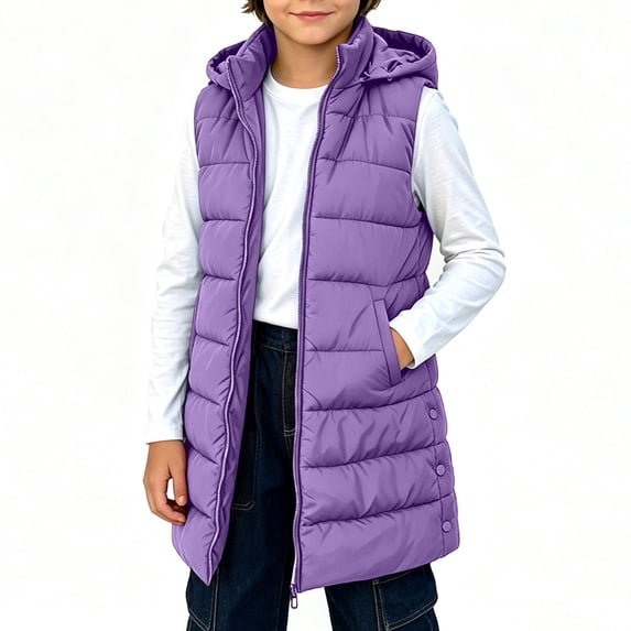 Jalioing Puffer Vest for Kids Lightweight Sleeveless Zip Up Hooded Long Jacket Casual Thermal Winter Outerwear with Pocket