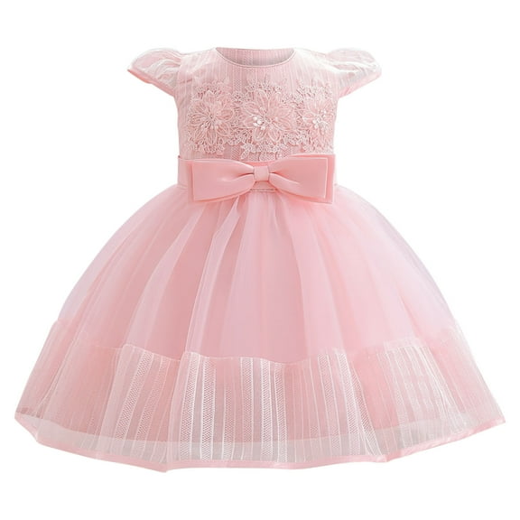 Jalioing Puffy Dress for 0-3 Years Infant Baby Girl Lace Bow Mesh Dresses Summer Cute Layered Skirt (0-6 Months, Pink)