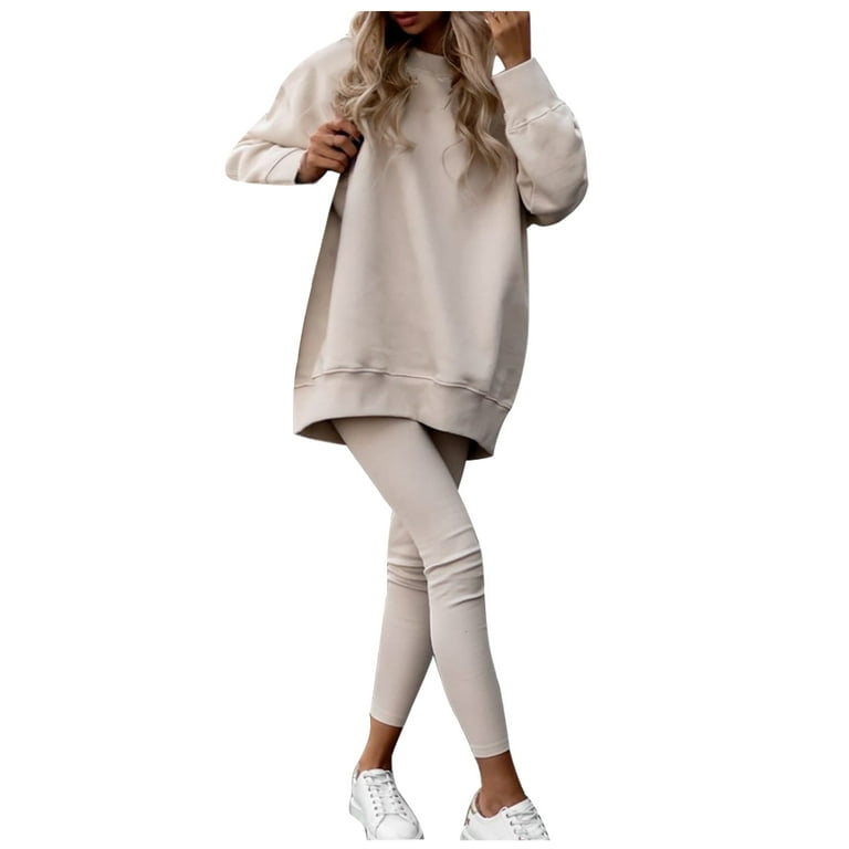 Jalioing Pullover Sweatshirt Suit for Women Long Sleeve Crewneck Top Crop  Leggings Sold Color Leisure Outfits (XX-Large, Beige) 