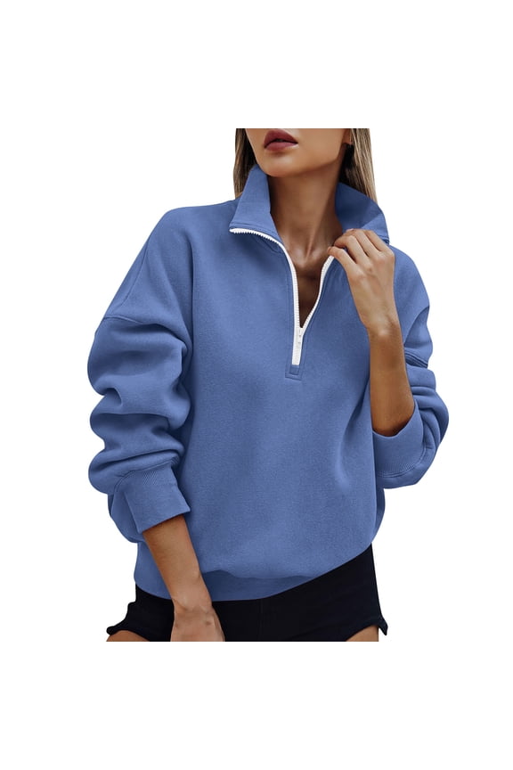 Quarter Zip Long Sleeve Pullover for Women Solid Collared Casual Athletic Sweatshirt Fashion Loose Tops