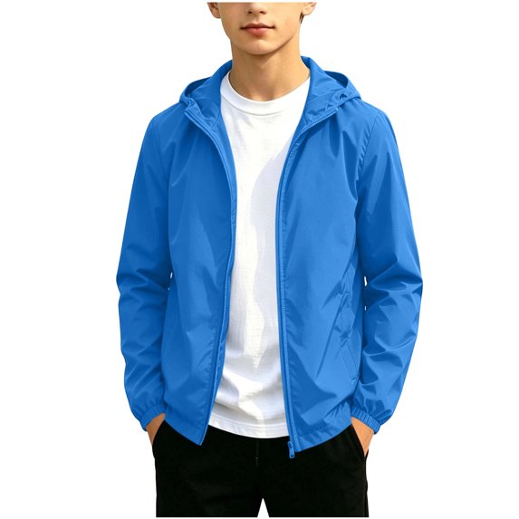 Jalioing Rain Jacket for Teen Solid Color Lightweight Zipper Hooded Windbreaker Waterproof Long Sleeve Outdoor Jacket
