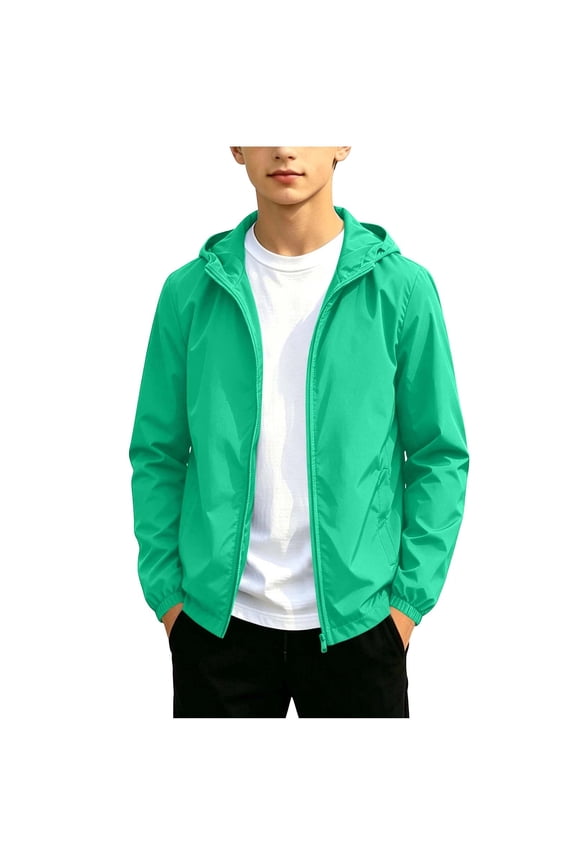 Rain Jacket for Teen Solid Color Lightweight Zipper Hooded Windbreaker Waterproof Long Sleeve Outdoor Jacket