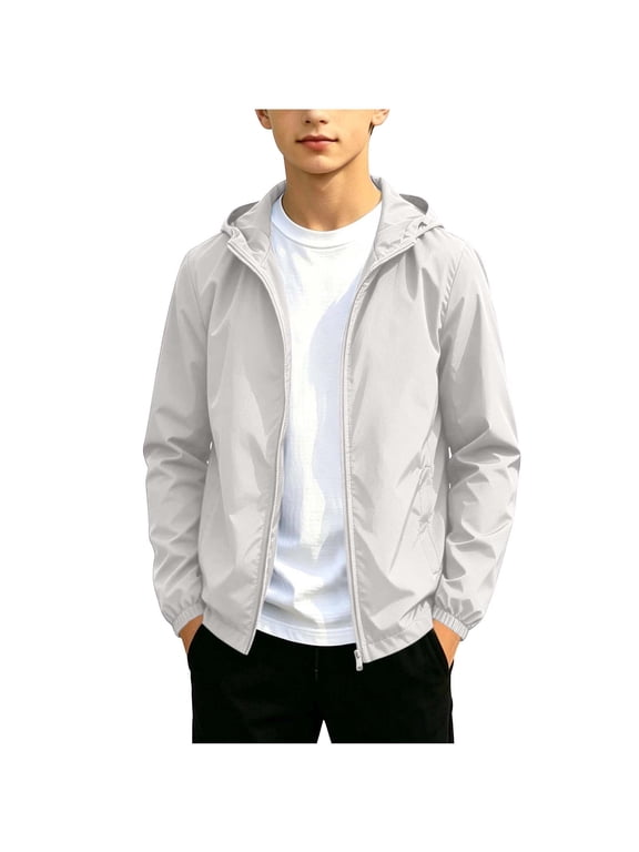 Rain Jacket for Teen Solid Color Lightweight Zipper Hooded Windbreaker Waterproof Long Sleeve Outdoor Jacket