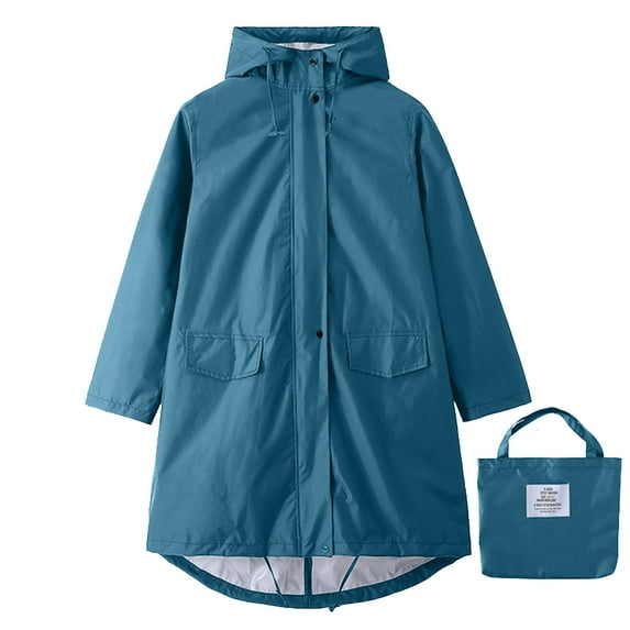 Jalioing Raincoat Women Charge Coats Drawstring Baggy Long Sleeve Solid Color Outdoor Jacket (Large, Navy)