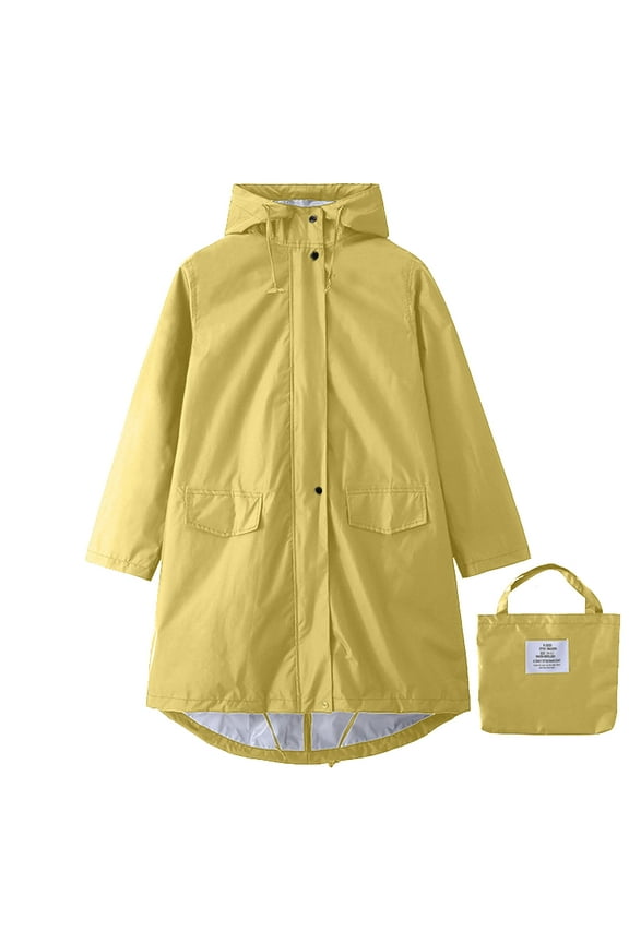 Raincoat Women Charge Coats Drawstring Baggy Long Sleeve Solid Color Outdoor Jacket (X-Large, Yellow)