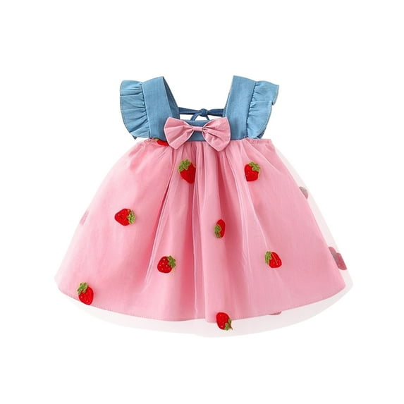 Jalioing Ruffle Flying Sleeves Dresses for Toddler Baby Girl Bow Sleeveless Dress Cute Print Pleated Skirt (18-24 Months, Pink)