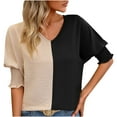 thumbnail image 1 of Jalioing Ruffled Short Sleeve Blouse for Women Color Block V-Neck Shirt Elastic Cinch Cuffs Casual Baggy Top (Large, Khaki), 1 of 5